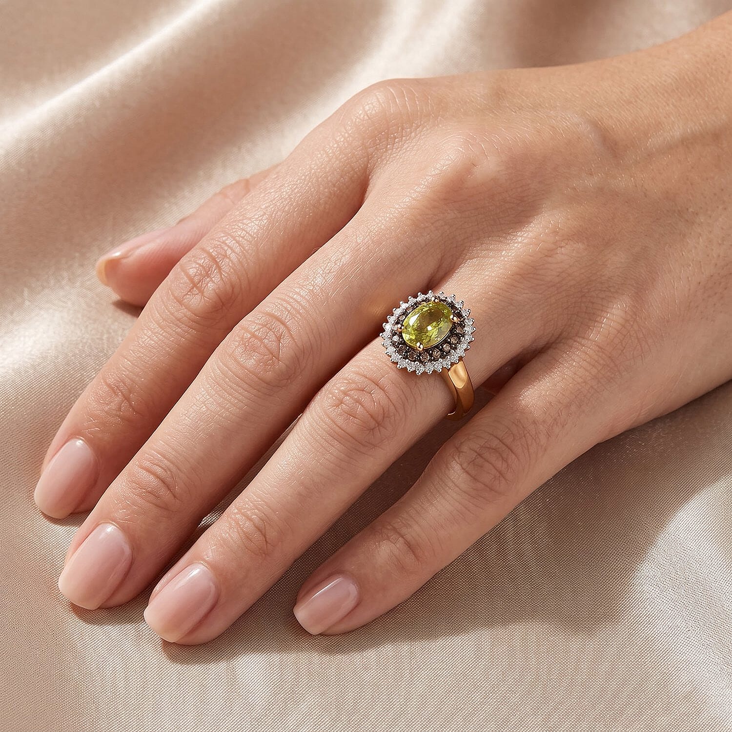 D'Joy Premium Green Sphene, Natural Champagne and White Diamond 1.25 ctw Rainforest Eclipse Ring in 18K Vermeil Yellow Gold Over Sterling Silver (Size 6.0)