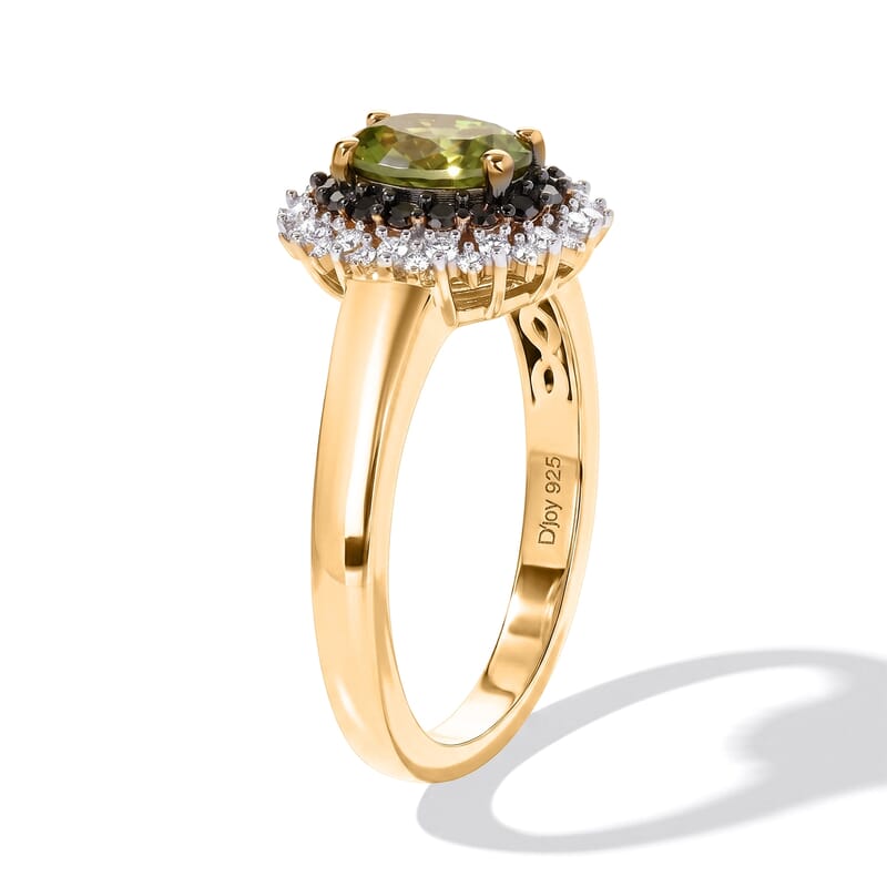 D'Joy Premium Green Sphene, Natural Champagne and White Diamond 1.25 ctw Rainforest Eclipse Ring in 18K Vermeil Yellow Gold Over Sterling Silver (Size 6.0)