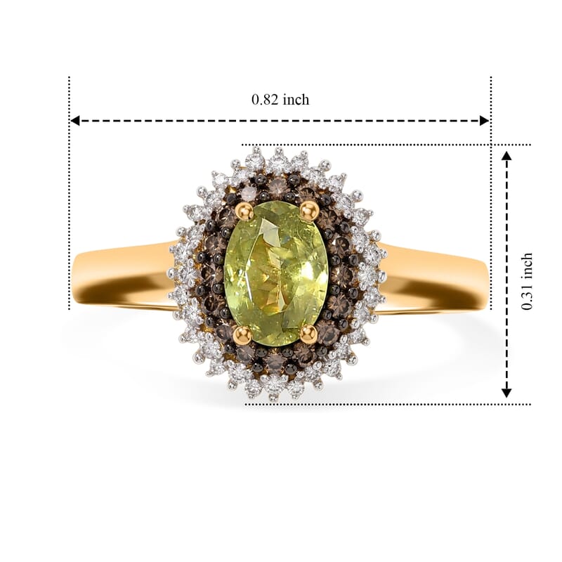 D'Joy Premium Green Sphene, Natural Champagne and White Diamond 1.25 ctw Rainforest Eclipse Ring in 18K Vermeil Yellow Gold Over Sterling Silver (Size 6.0)