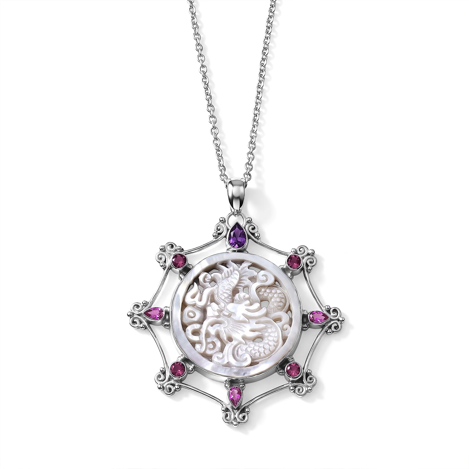 Sajen Silver Mother Of Pearl and Multi Gemstone 3.30 ctw Dragon Pendant Without Chain in Sterling Silver