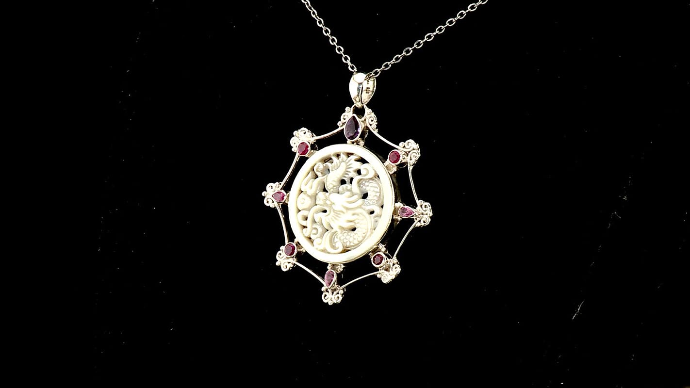 Sajen Silver Mother Of Pearl, Multi Gemstone Dragon Pendant Without Chain in Sterling Silver 3.30 ctw