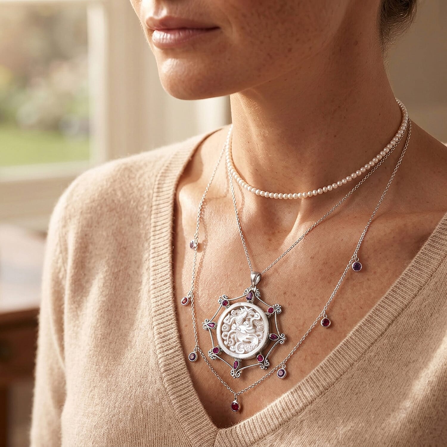 Sajen Silver Mother Of Pearl and Multi Gemstone 3.30 ctw Dragon Pendant Without Chain in Sterling Silver