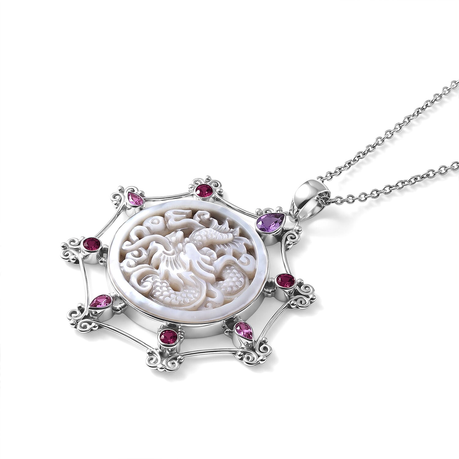 Sajen Silver Mother Of Pearl and Multi Gemstone 3.30 ctw Dragon Pendant Without Chain in Sterling Silver