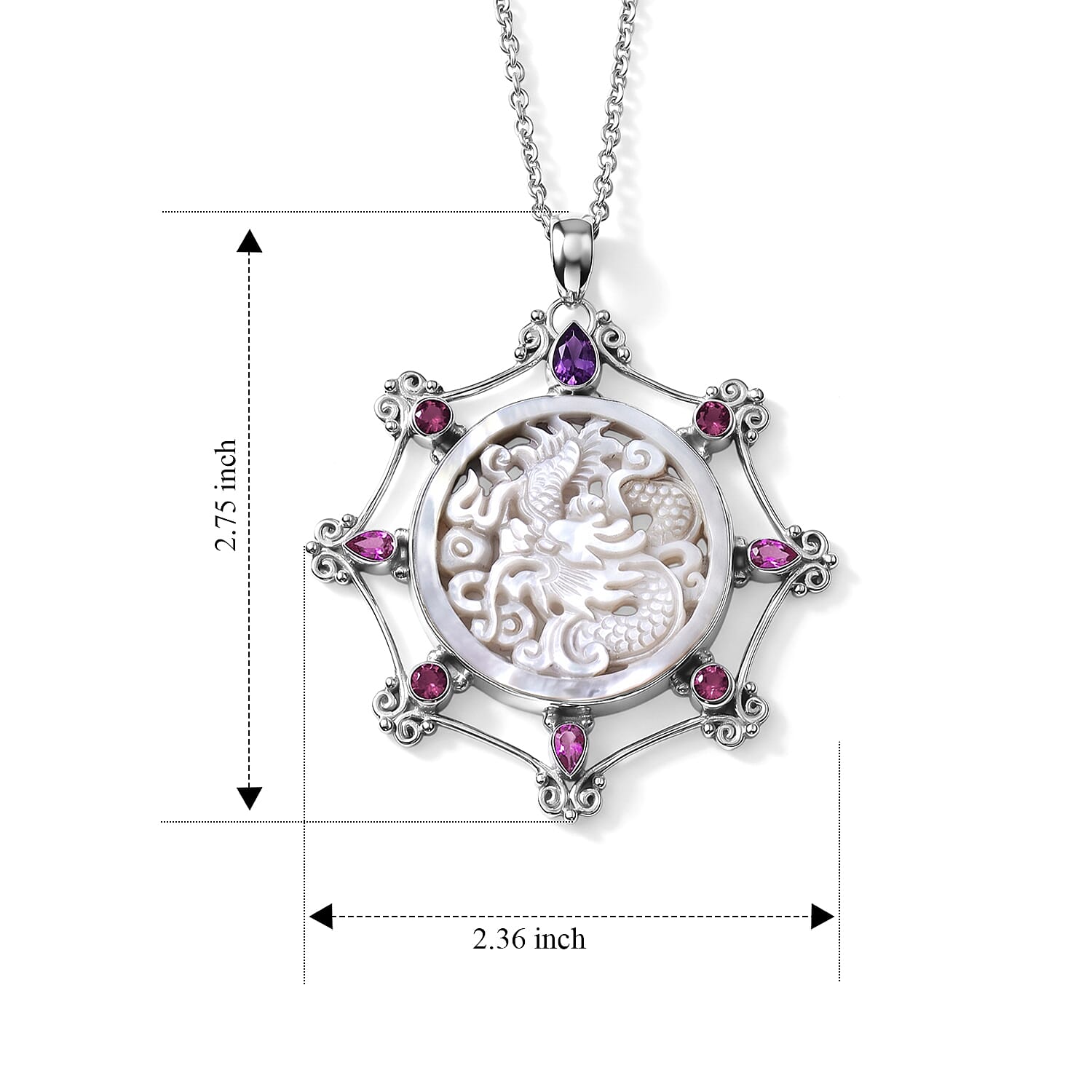 Sajen Silver Mother Of Pearl and Multi Gemstone 3.30 ctw Dragon Pendant Without Chain in Sterling Silver