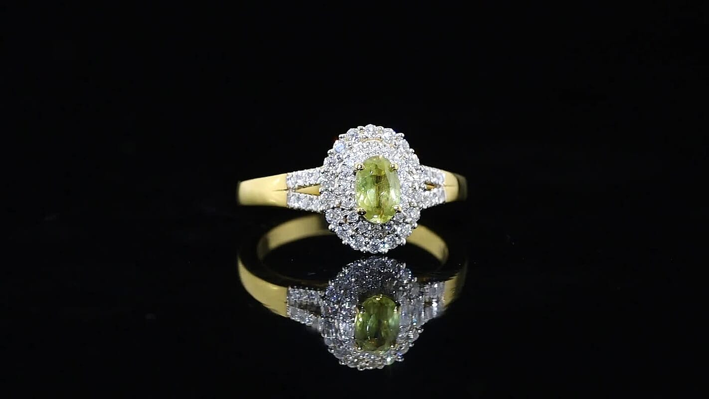 D''Joy Premium Green Sphene and Moissanite 0.90 ctw Ring in 18K Vermeil Yellow Gold Over Sterling Silver (Size 7.0)