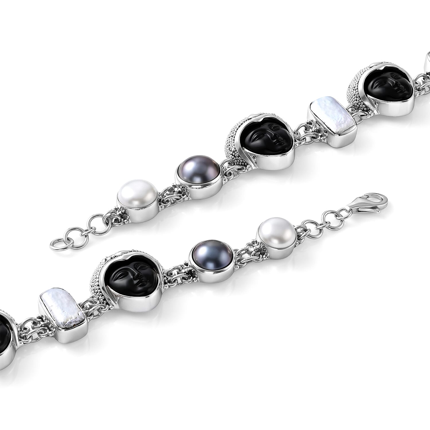Sajen Silver Rainbow Obsidian 12.60 ctw and Multi Color Pearl Bracelet in Sterling Silver (8.00 In)