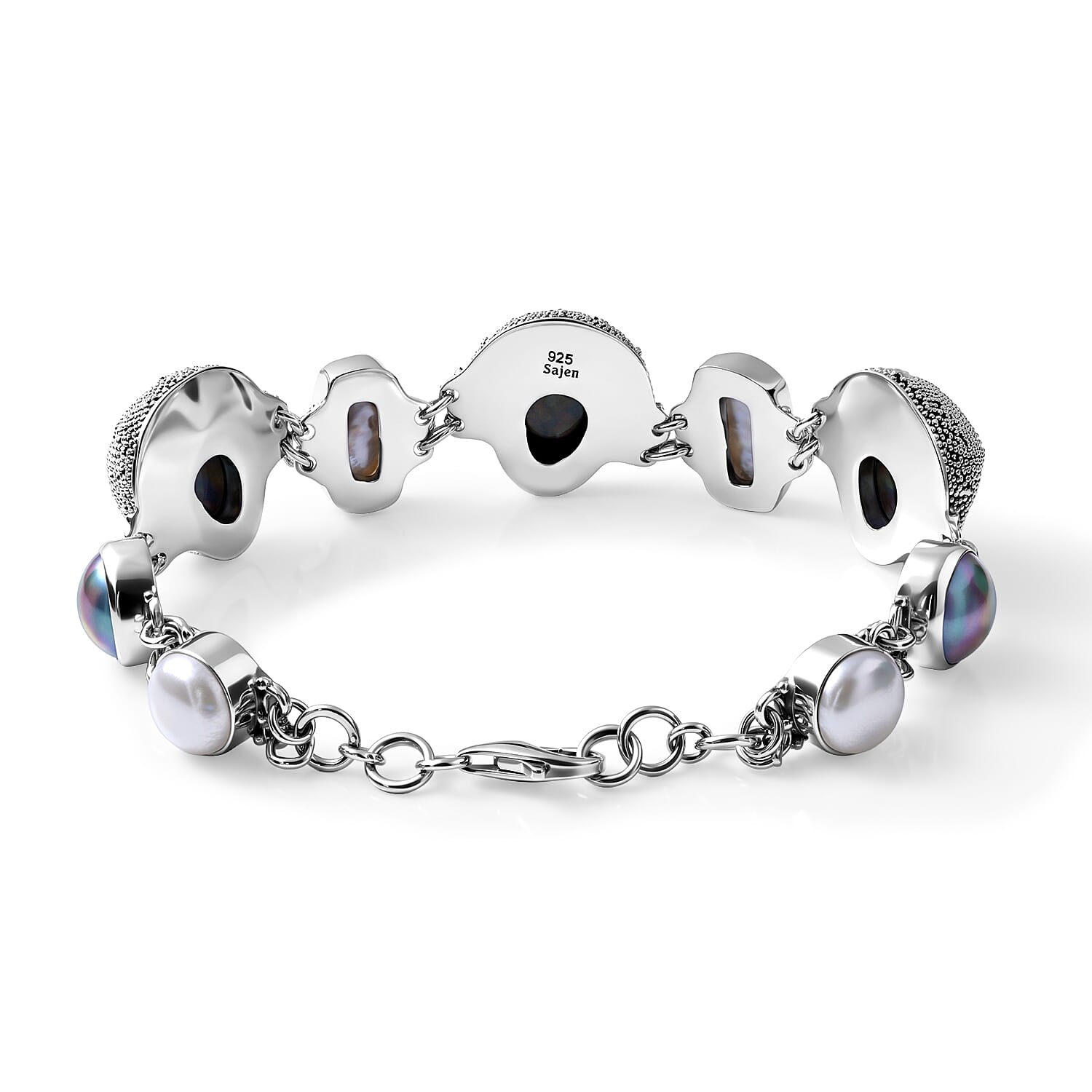 Sajen Silver Rainbow Obsidian 12.60 ctw and Multi Color Pearl Bracelet in Sterling Silver (8.00 In)