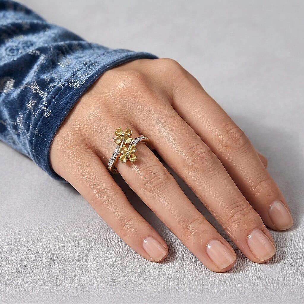 D'Joy Premium Green Sphene and Moissanite 1.50 ctw Forest Flora Ring in 18K Vermeil Yellow Gold Over Sterling Silver (Size 6.0)