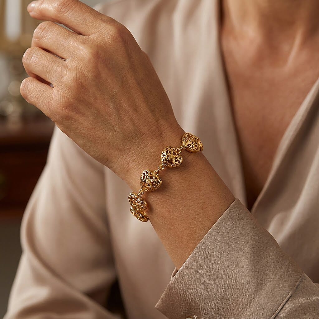 D'Joy Passport to Turkey Filigree Heart Bracelet in 22K Yellow Gold Over Sterling Silver (8.00 In) 16.70 Grams