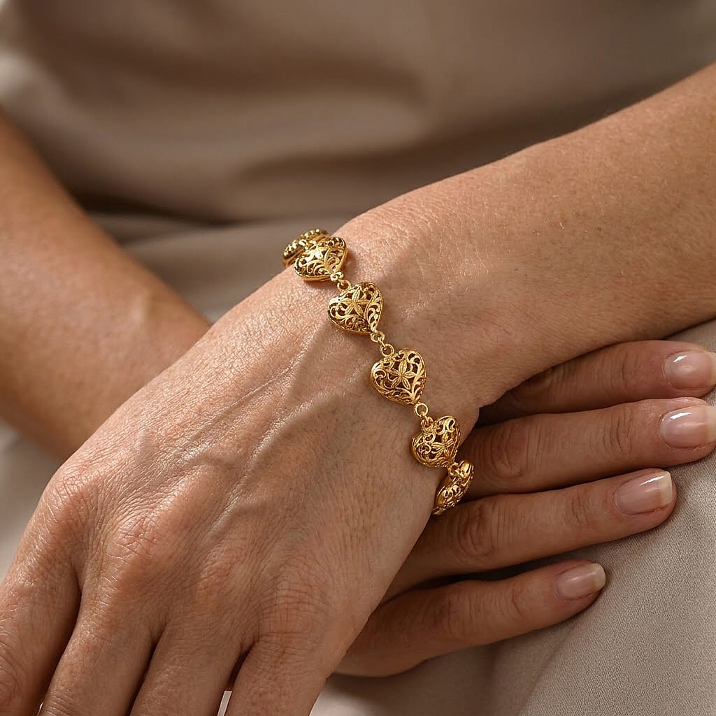 D'Joy Passport to Turkey Filigree Heart Bracelet in 22K Yellow Gold Over Sterling Silver (8.00 In) 16.70 Grams
