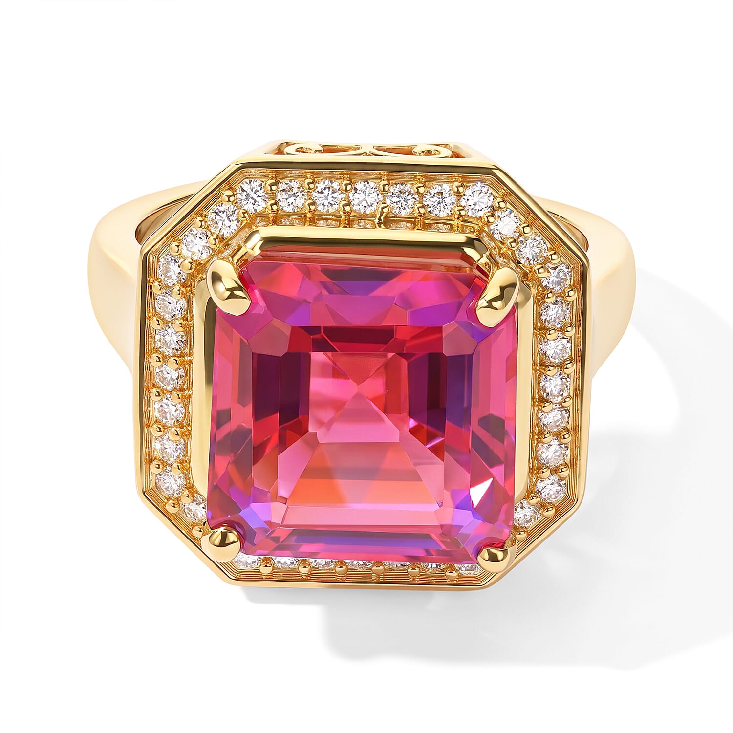 EverTrue Asscher Cut Volcanic Triplet Quartz and Moissanite 8.20 ctw Halo Ring in 18K YG Plated (Size 6.0)