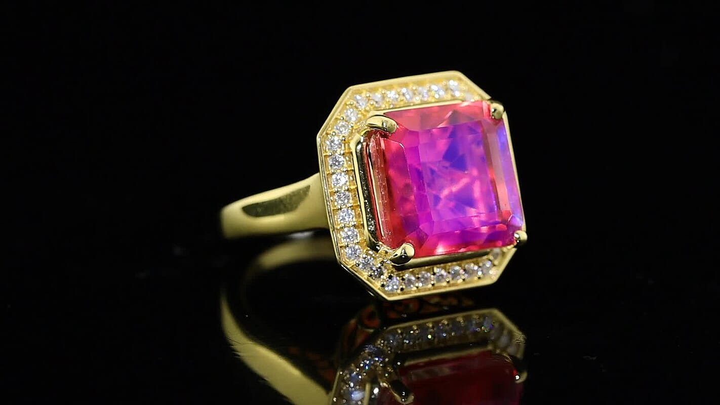 EverTrue Asscher Cut Volcanic Triplet Quartz and Moissanite 10.00 ctw Halo Ring in 18K YG Plated (Size 8.0)