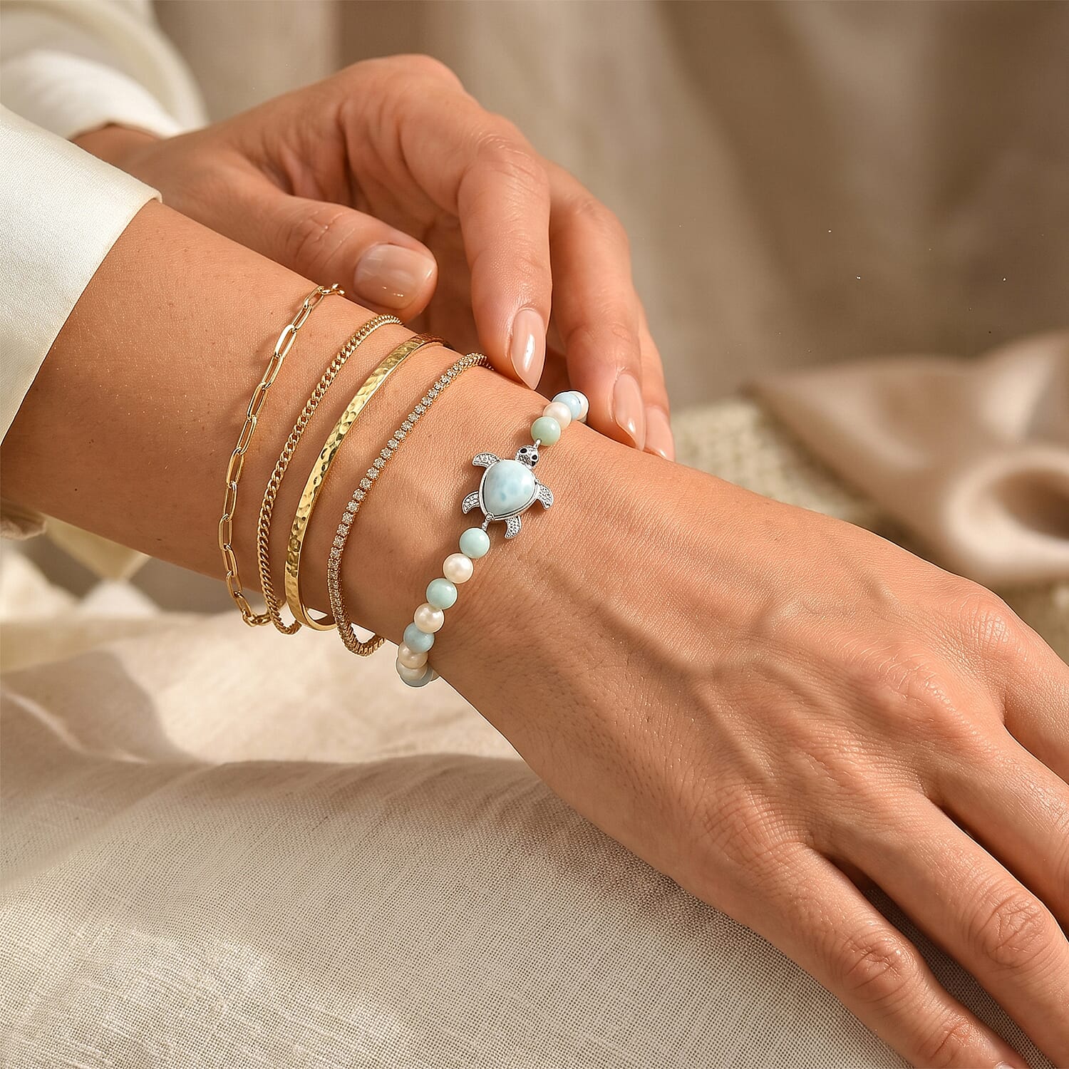 GP Trionfo Collection Larimar and Multi Gemstone 28.00 ctw Bracelet in Rhodium Over Sterling Silver (6.50 In)