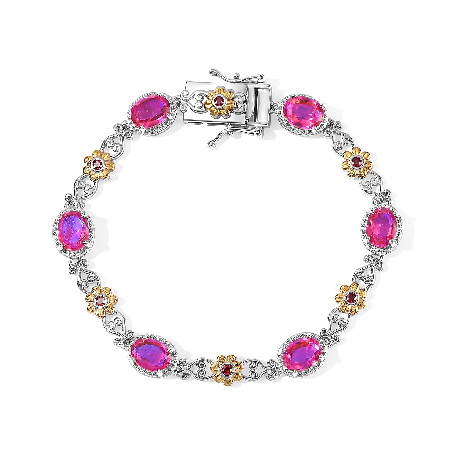 EverTrue Volcanic Triplet Quartz and Mozambique Garnet 10.00 ctw Motif Linked Bracelet in 18K YG Plated and Platinum Bond (7.25 In)