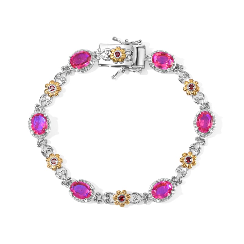 EverTrue Volcanic Triplet Quartz and Mozambique Garnet 10.00 ctw Motif Linked Bracelet in 18K YG Plated and Platinum Bond (7.25 In)