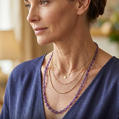 EverTrue African Amethyst 110.00 ctw Beaded Necklace in Stainless Steel 24 Inches