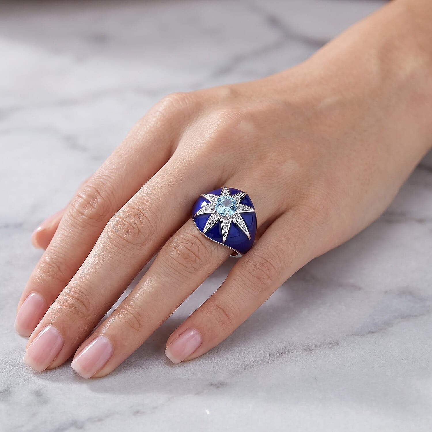 D'Joy Sky Blue Topaz, Moissanite Ring in Rhodium Over Sterling Silver (Size 6.0) 1.30 ctw