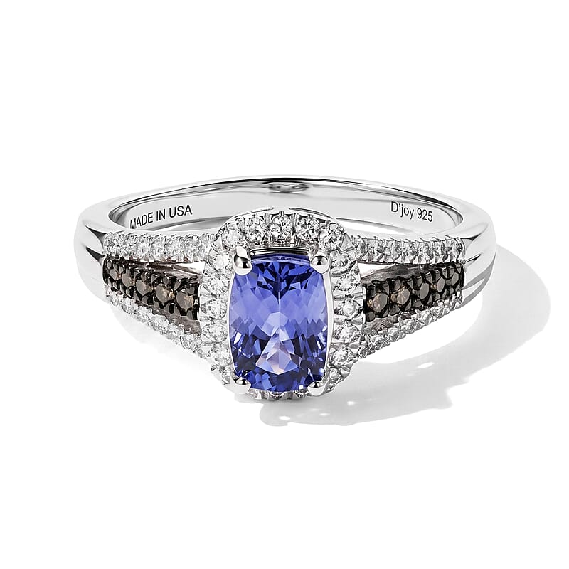 D'Joy Premium Tanzanite, Natural Champagne and White Diamond 1.25 ctw Midnight Royal Halo Ring in Rhodium Over Sterling Silver (Size 6.0)