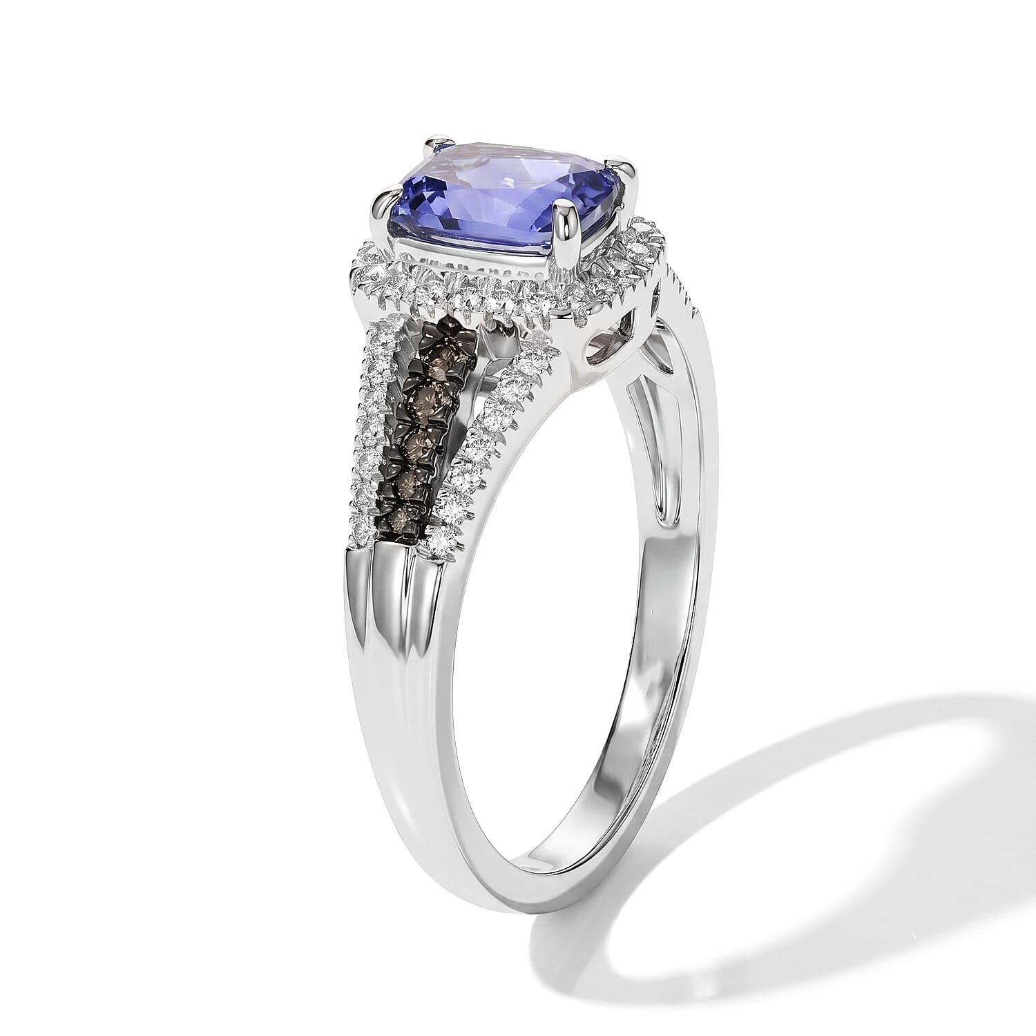 D'Joy Premium Tanzanite, Natural Champagne and White Diamond 1.25 ctw Midnight Royal Halo Ring in Rhodium Over Sterling Silver (Size 6.0)