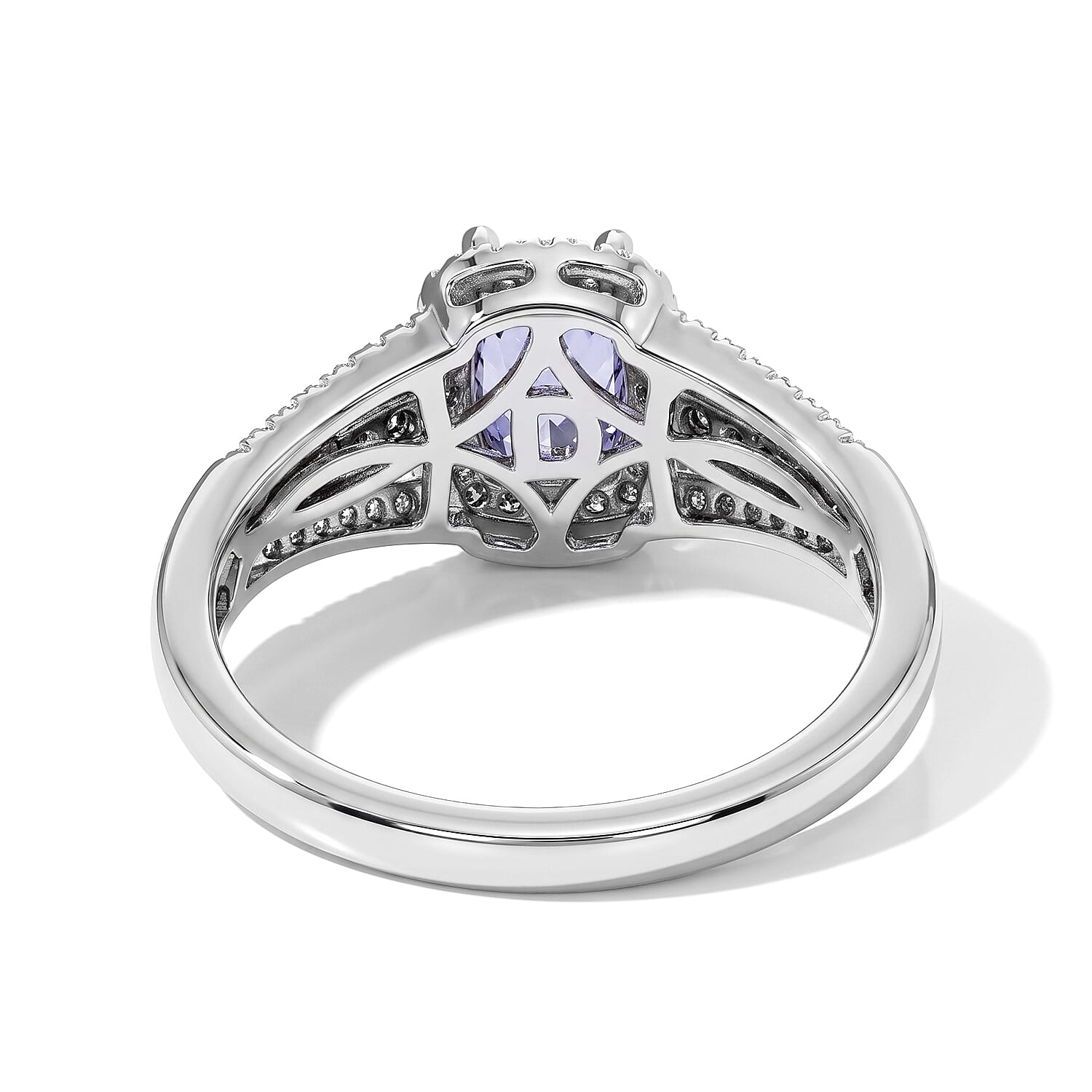 D'Joy Premium Tanzanite, Natural Champagne and White Diamond 1.25 ctw Midnight Royal Halo Ring in Rhodium Over Sterling Silver (Size 6.0)