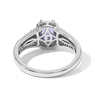 D'Joy Premium Tanzanite, Natural Champagne and White Diamond 1.25 ctw Midnight Royal Halo Ring in Rhodium Over Sterling Silver (Size 6.0)