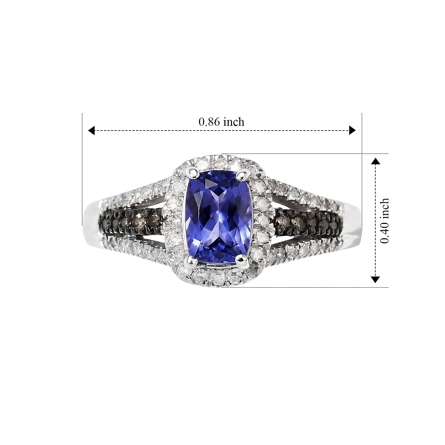D'Joy Premium Tanzanite, Natural Champagne and White Diamond 1.25 ctw Midnight Royal Halo Ring in Rhodium Over Sterling Silver (Size 6.0)