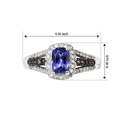 D'Joy Premium Tanzanite, Natural Champagne and White Diamond 1.25 ctw Midnight Royal Halo Ring in Rhodium Over Sterling Silver (Size 6.0)