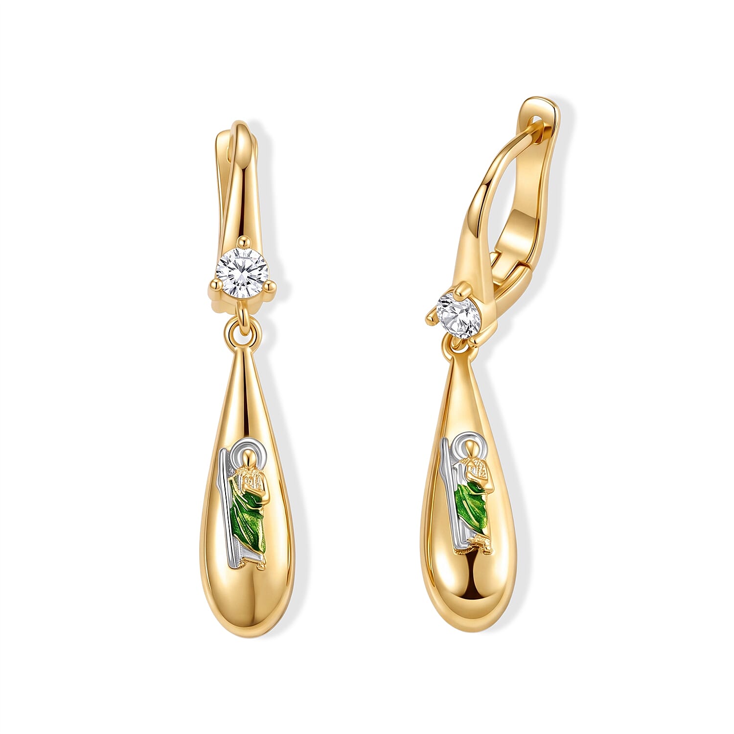 Simulated Diamond and Green Enameled Teardrop Earrings in Goldtone