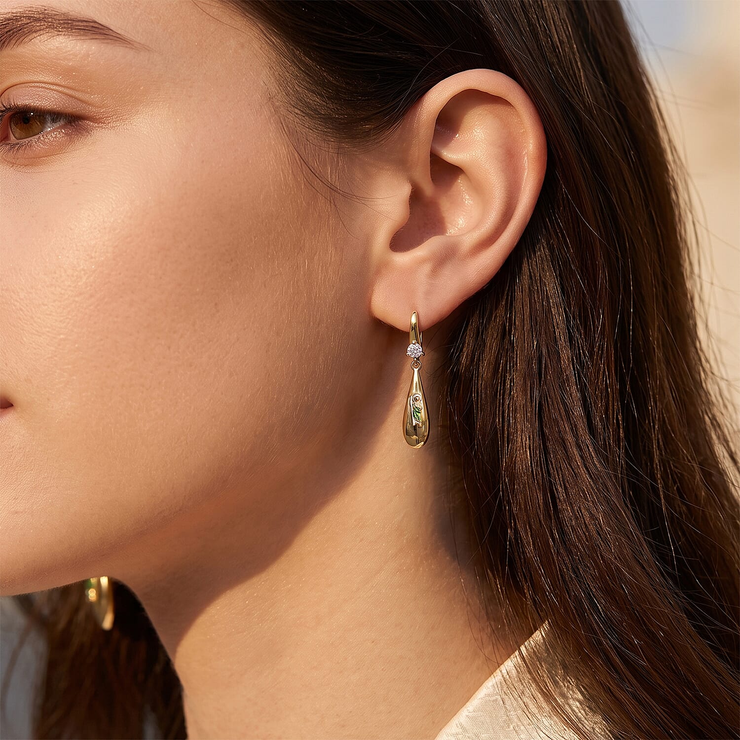 Simulated Diamond and Green Enameled Teardrop Earrings in Goldtone