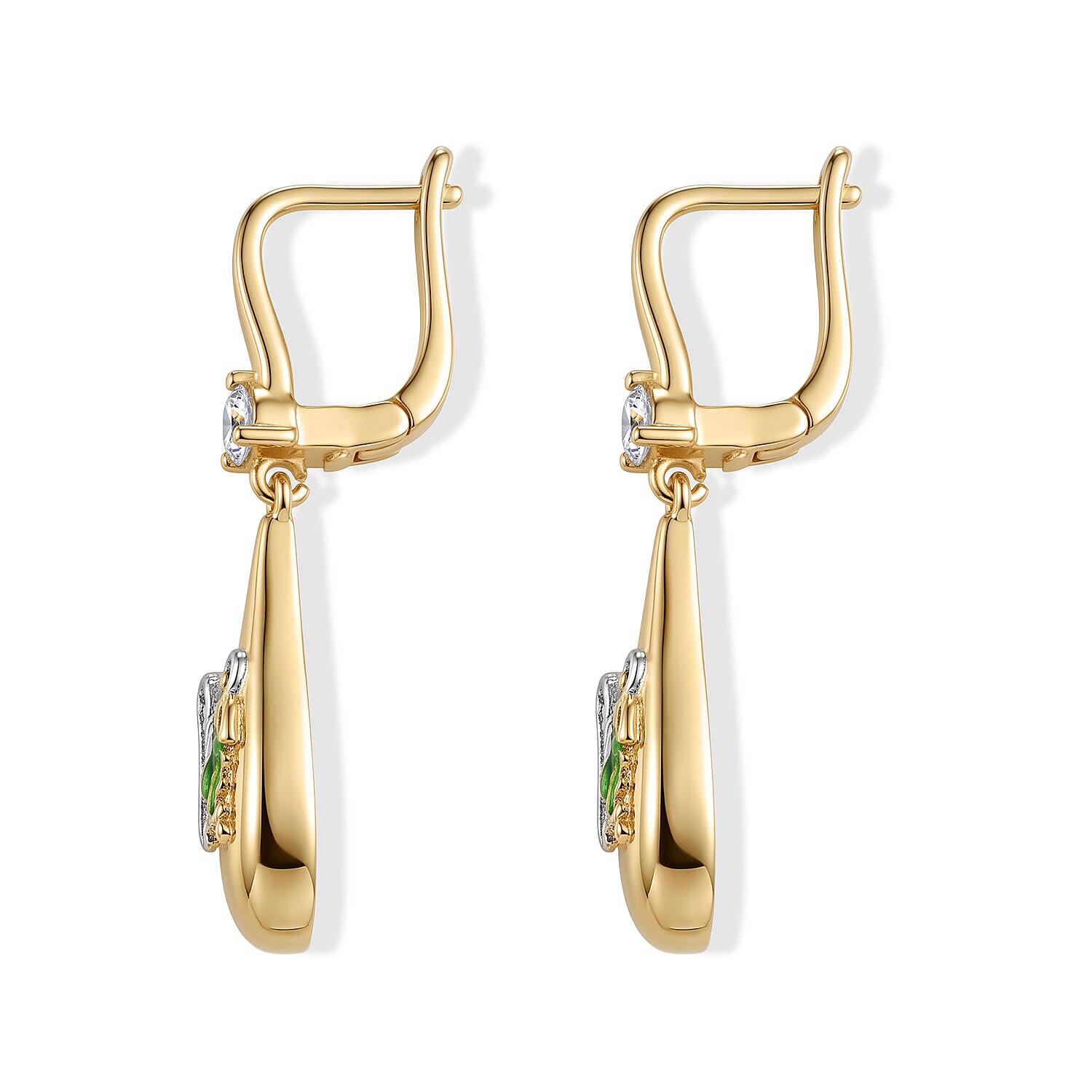 Simulated Diamond and Green Enameled Teardrop Earrings in Goldtone