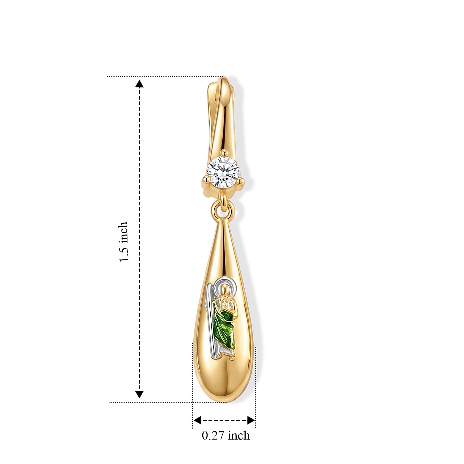 Simulated Diamond and Green Enameled Teardrop Earrings in Goldtone