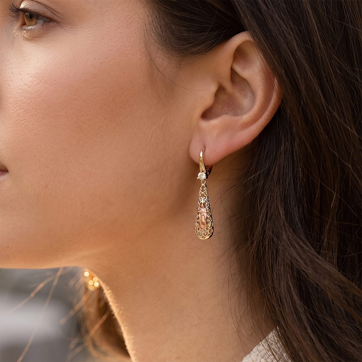 Simulated Diamond Line of Faith Our Lady of Guadalupe Filigree Teardrop Earrings in Tritone