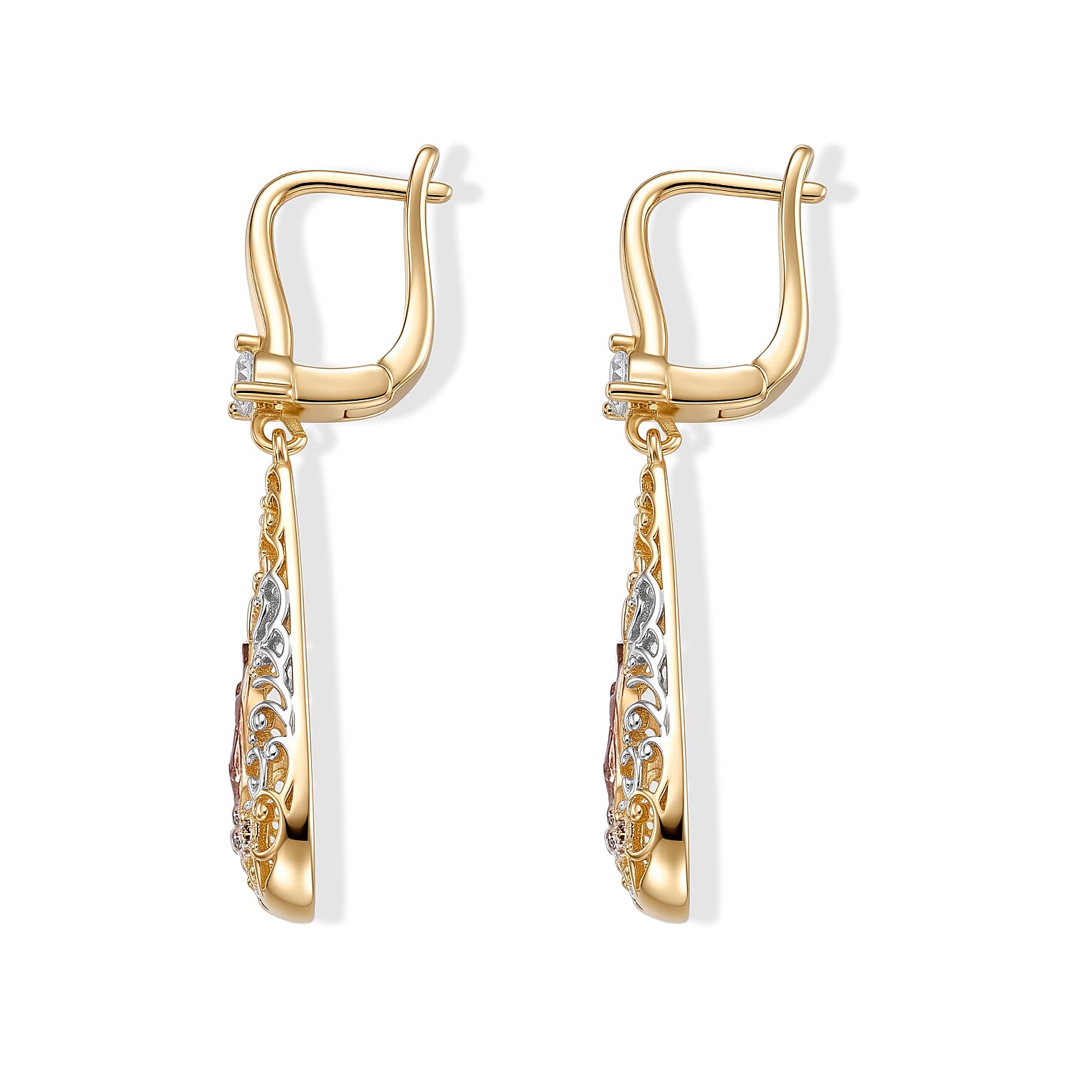 Simulated Diamond Line of Faith Our Lady of Guadalupe Filigree Teardrop Earrings in Tritone