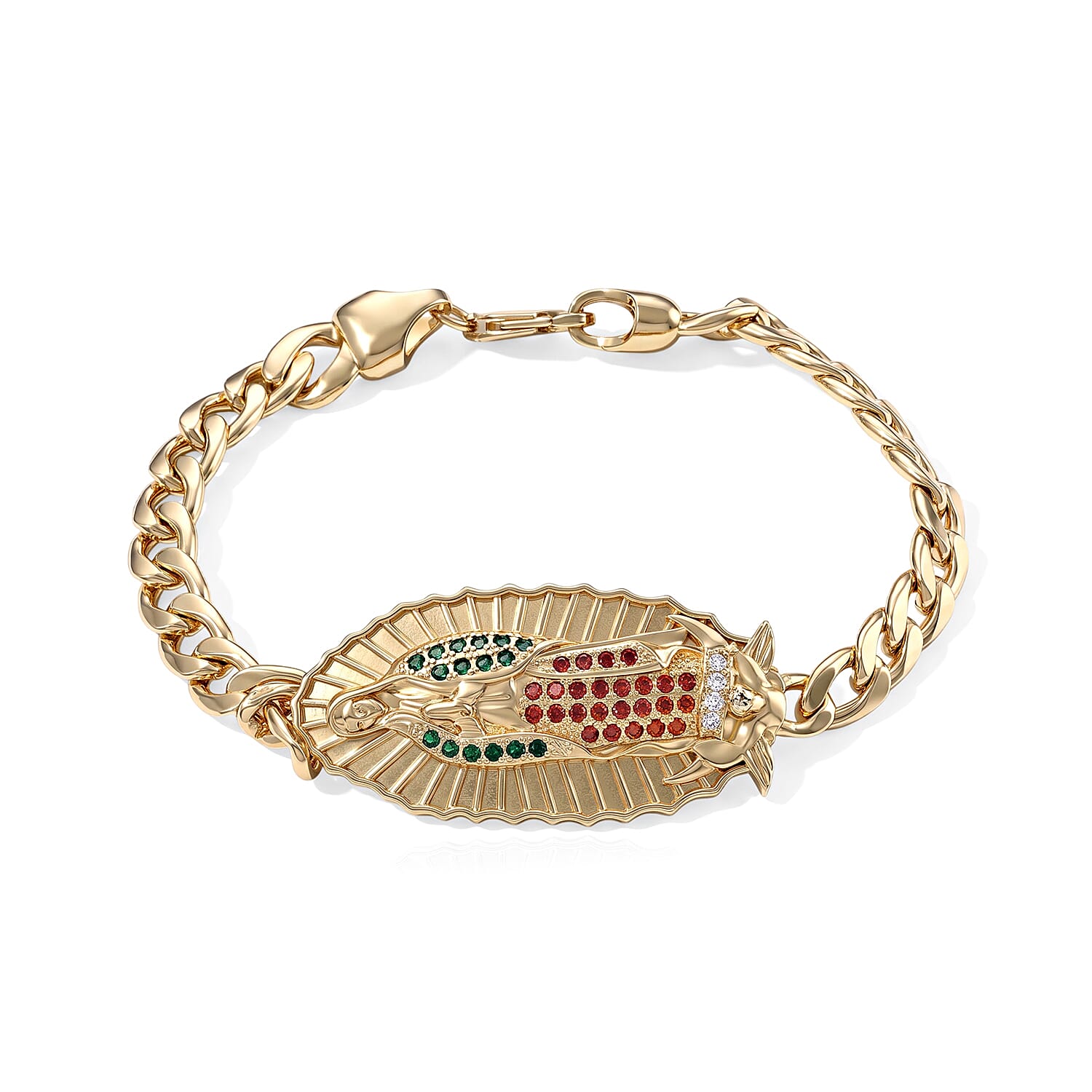 Simulated Multi Color Diamond Line of Faith Virgin Mary Bracelet in Goldtone (8.50 In)