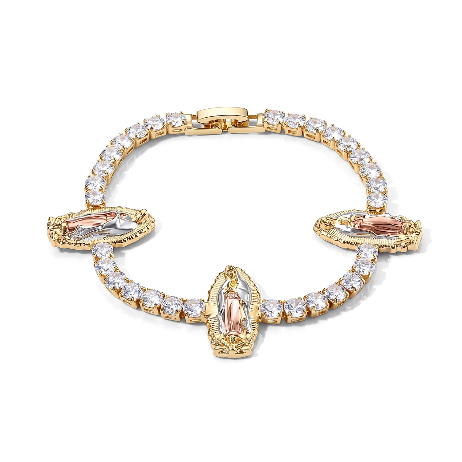 Simulated Diamond Line of Faith Virgin Mary Bracelet in Tritone (7.00 In)