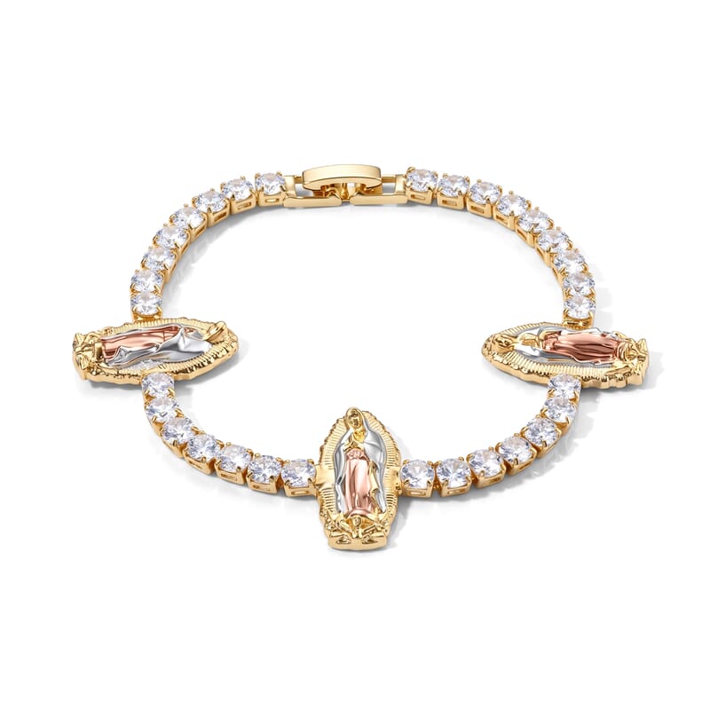 Simulated Diamond Line of Faith Virgin Mary Bracelet in Tritone (7.00 In)