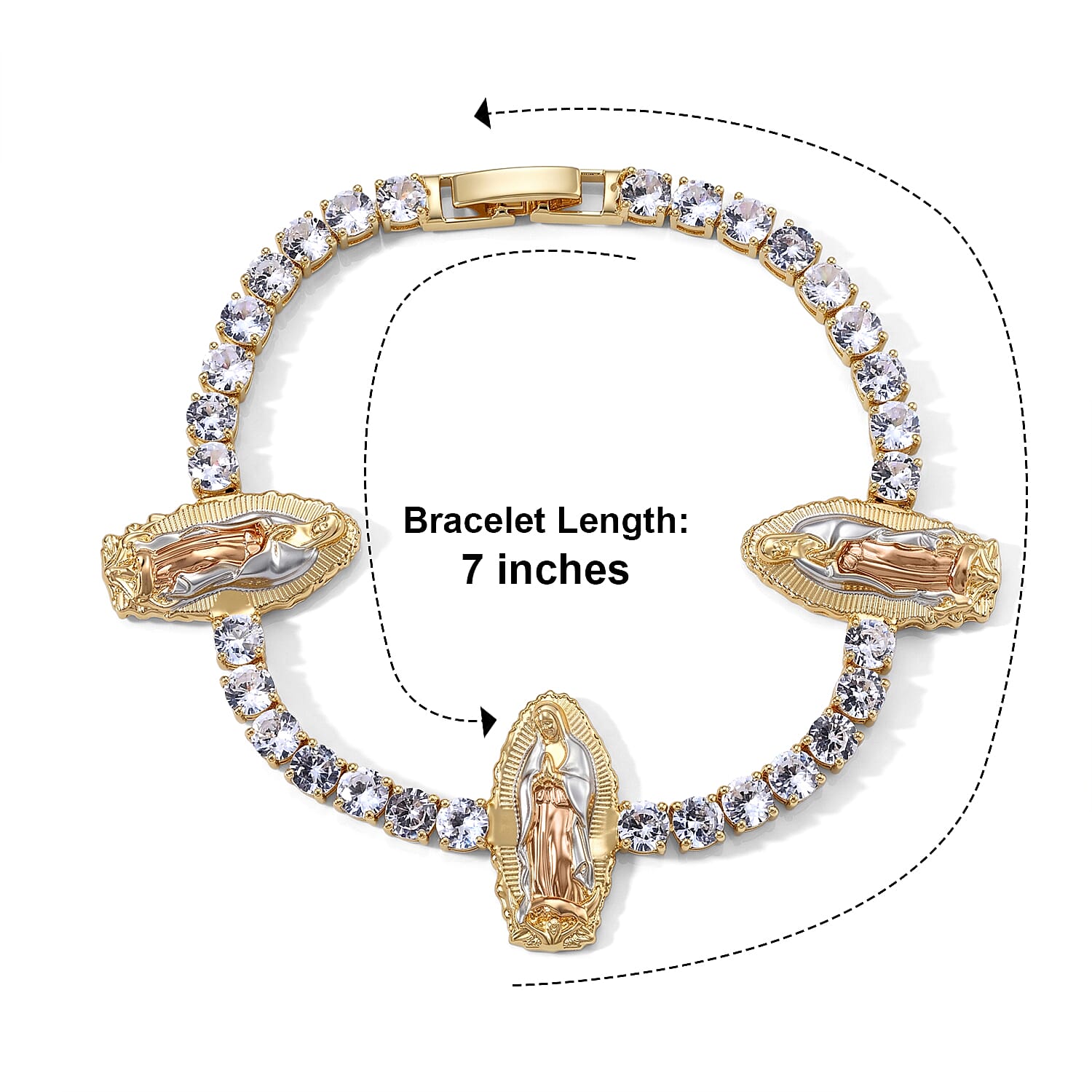 Simulated Diamond Line of Faith Virgin Mary Bracelet in Tritone (7.00 In)