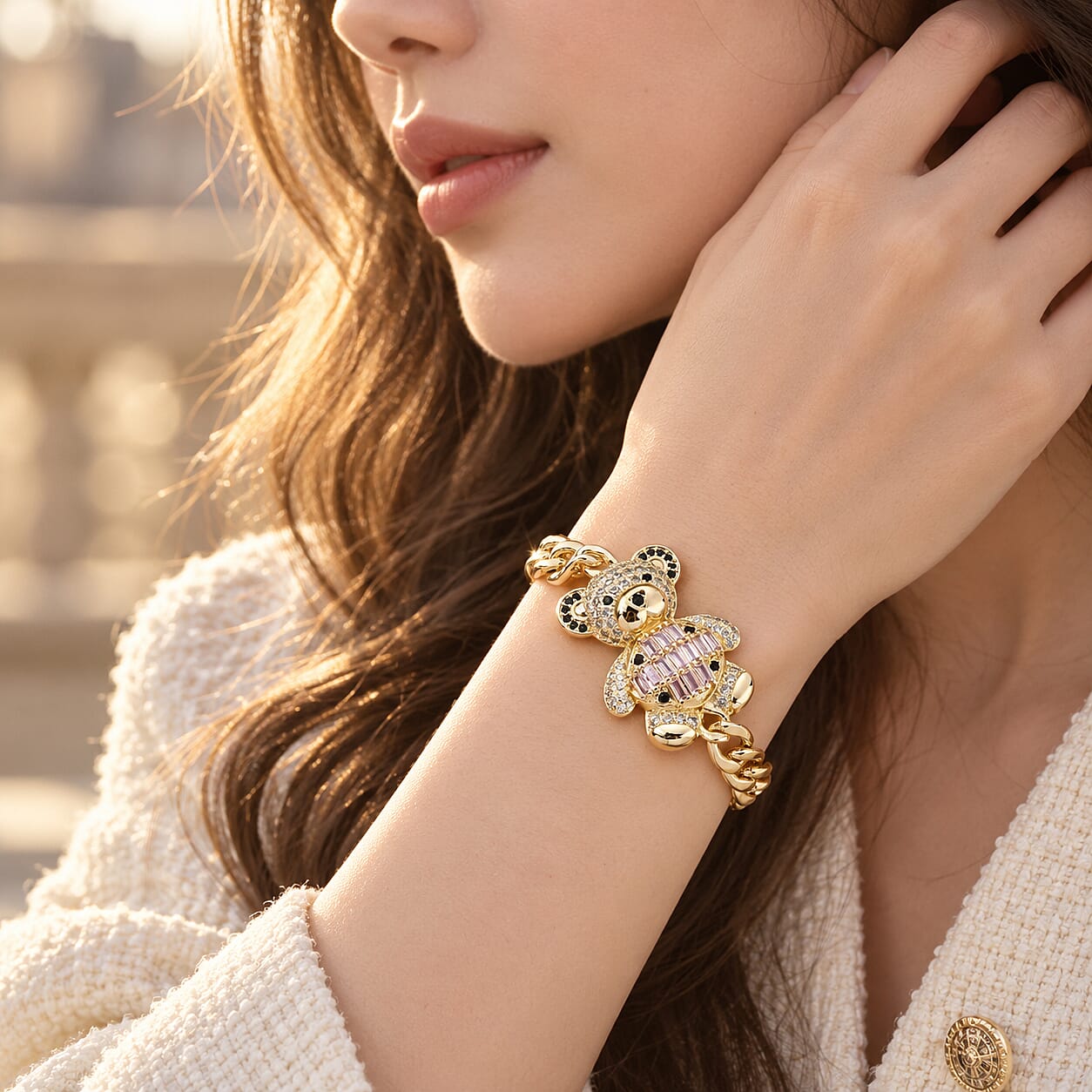 Simulated Multi Color Diamond Teddy Bear Bracelet in Silvertone (7.50 In)