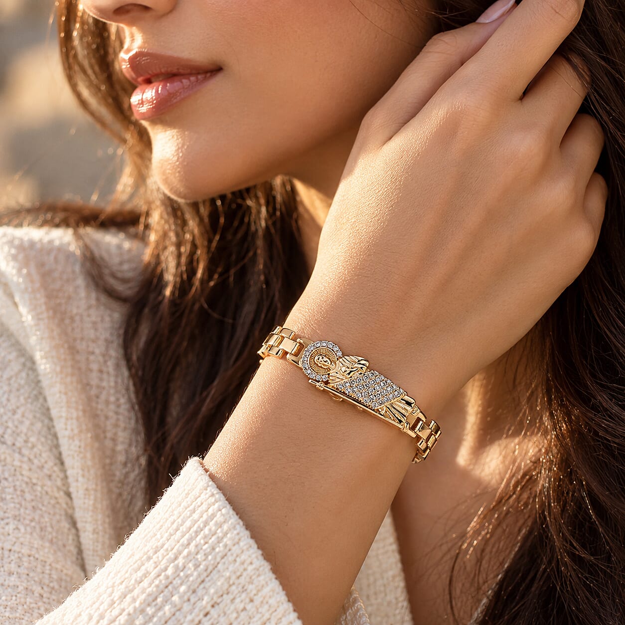 Simulated Diamond Santa Muerte Bracelet in Goldtone (8.50 In)