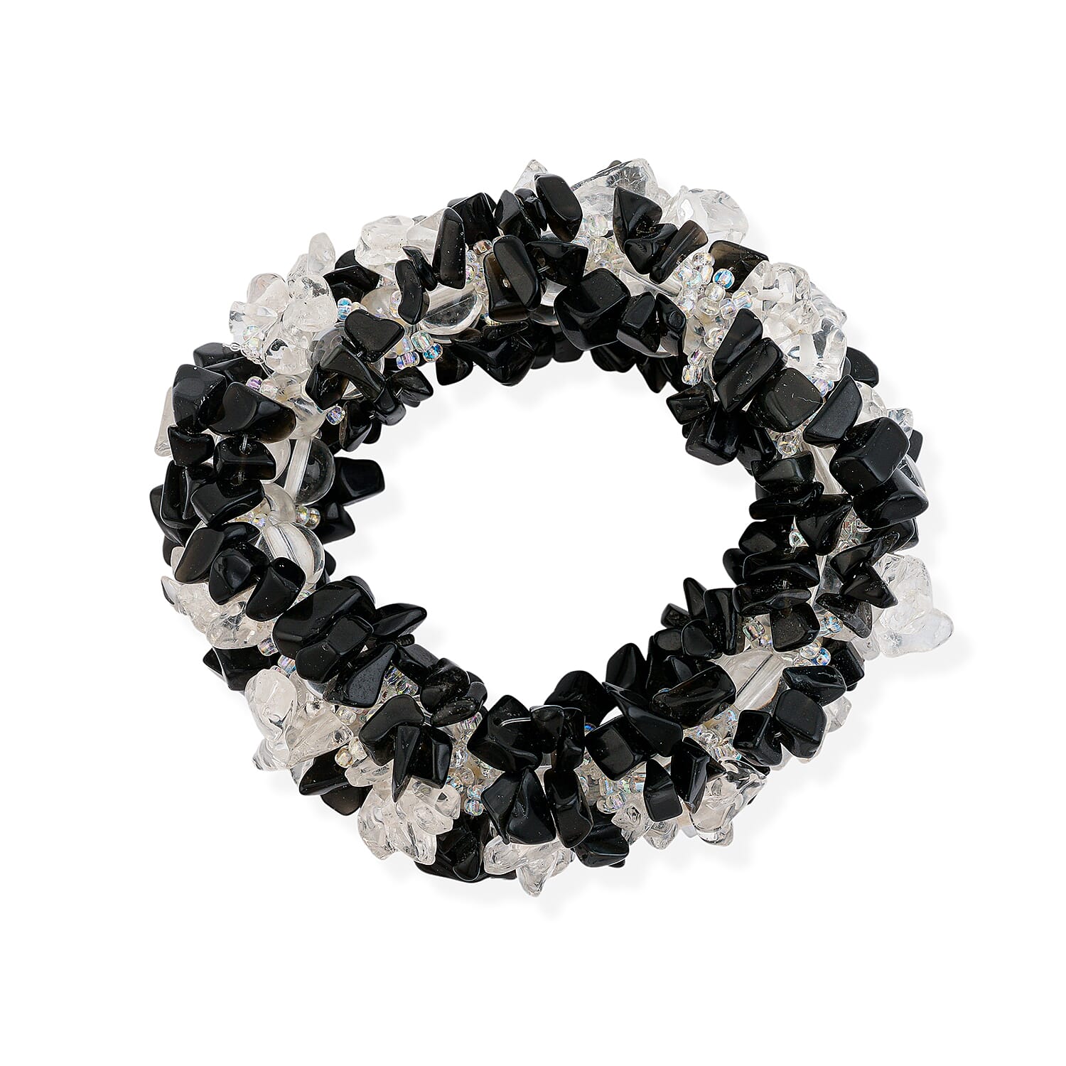 Black Agate and Clear Quartz 481.50 ctw Chips Stretch Bracelet (6.0-8.0In)