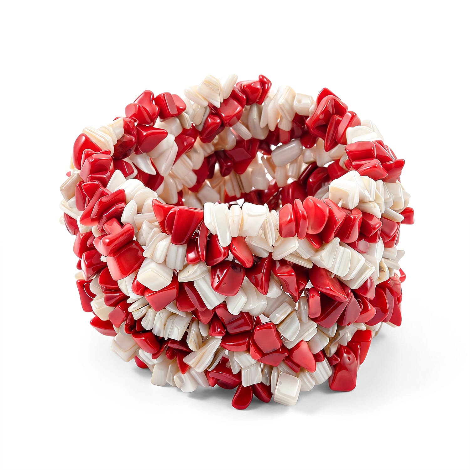 Red Coral and Coconut Shell 519.80 ctw Chips Stretch Bracelet (6.0-8.0In)