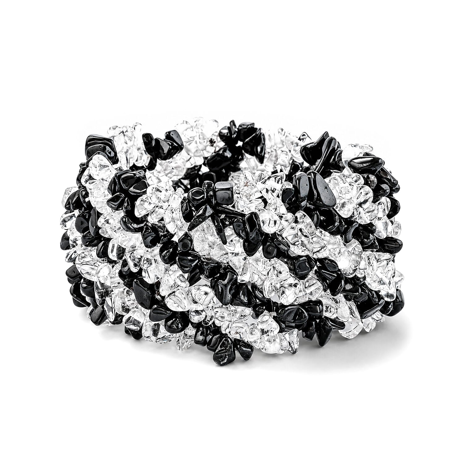 Black Agate and Clear Quartz 396.10 ctw Chips Stretch Bracelet (6.0-8.0In)