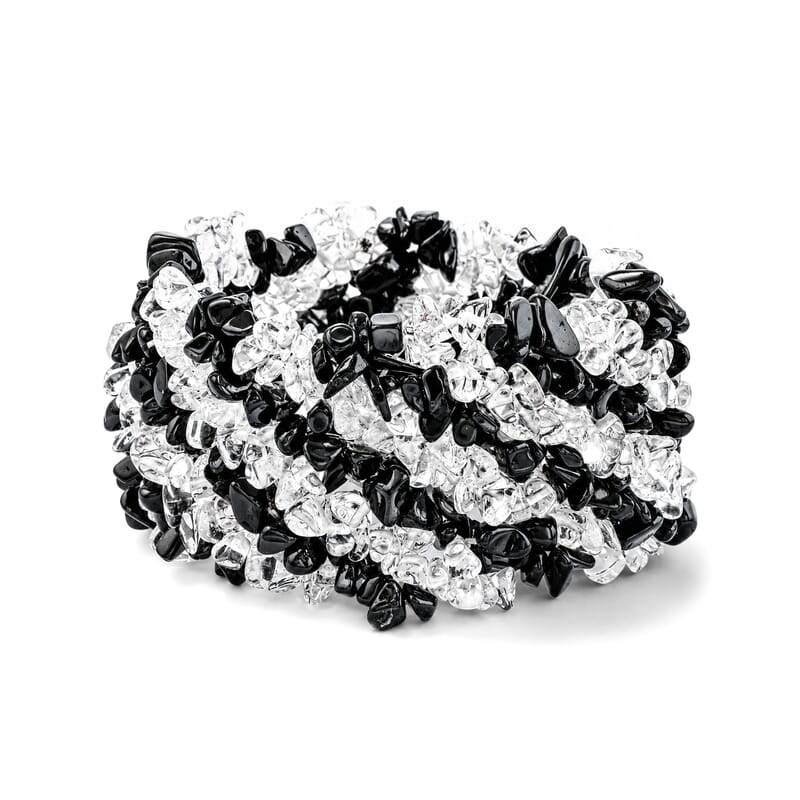 Black Agate and Clear Quartz 396.10 ctw Chips Stretch Bracelet (6.0-8.0In)