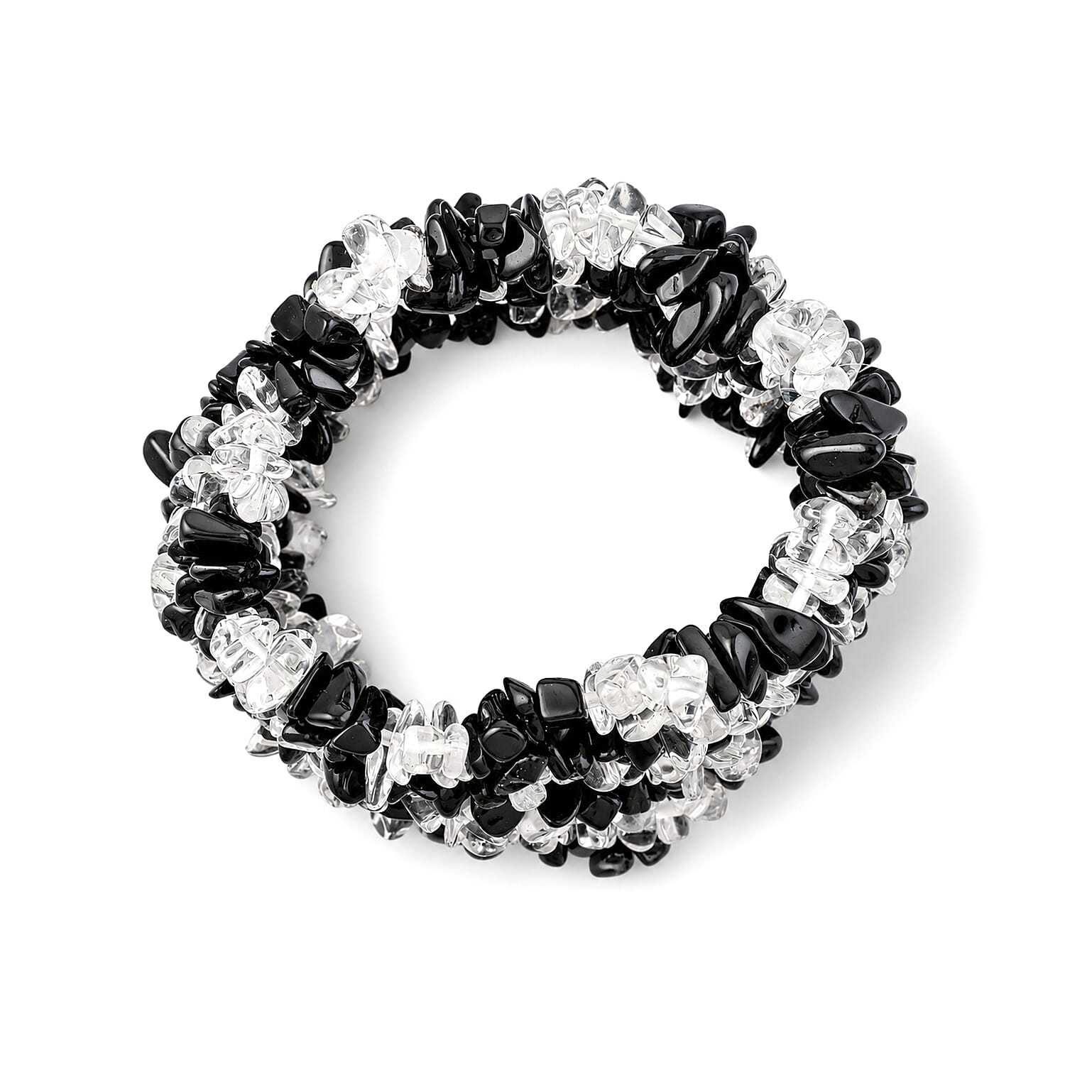 Black Agate and Clear Quartz 396.10 ctw Chips Stretch Bracelet (6.0-8.0In)