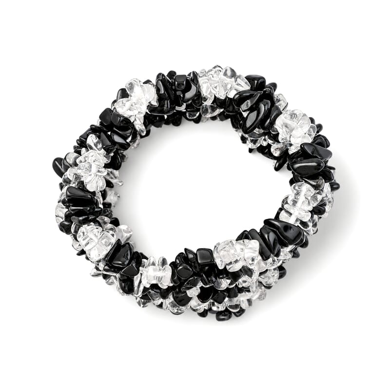 Black Agate and Clear Quartz 396.10 ctw Chips Stretch Bracelet (6.0-8.0In)