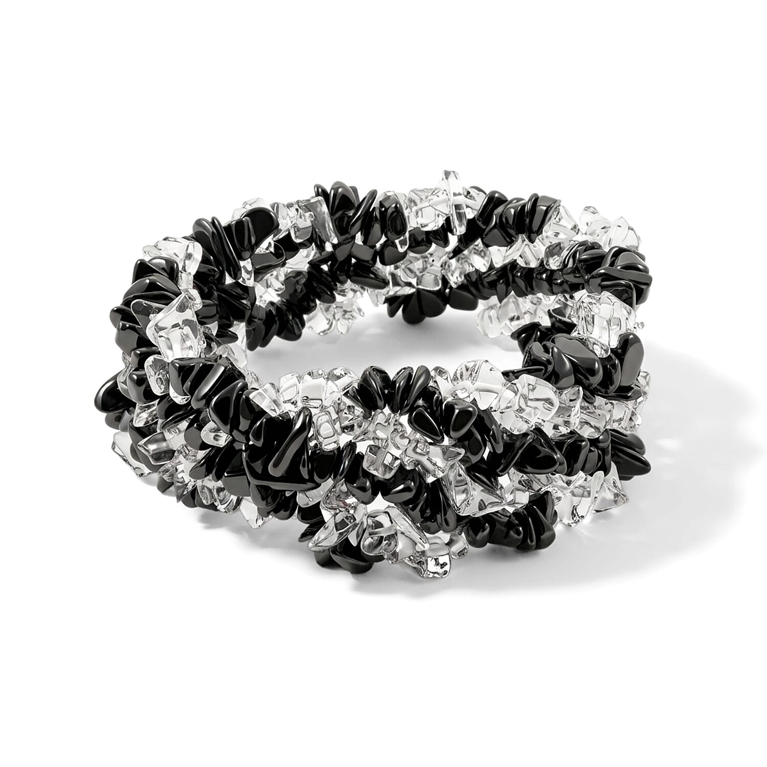 Black Agate and Clear Quartz 189.76 ctw Chips Stretch Bracelet (6.0-8.0In)