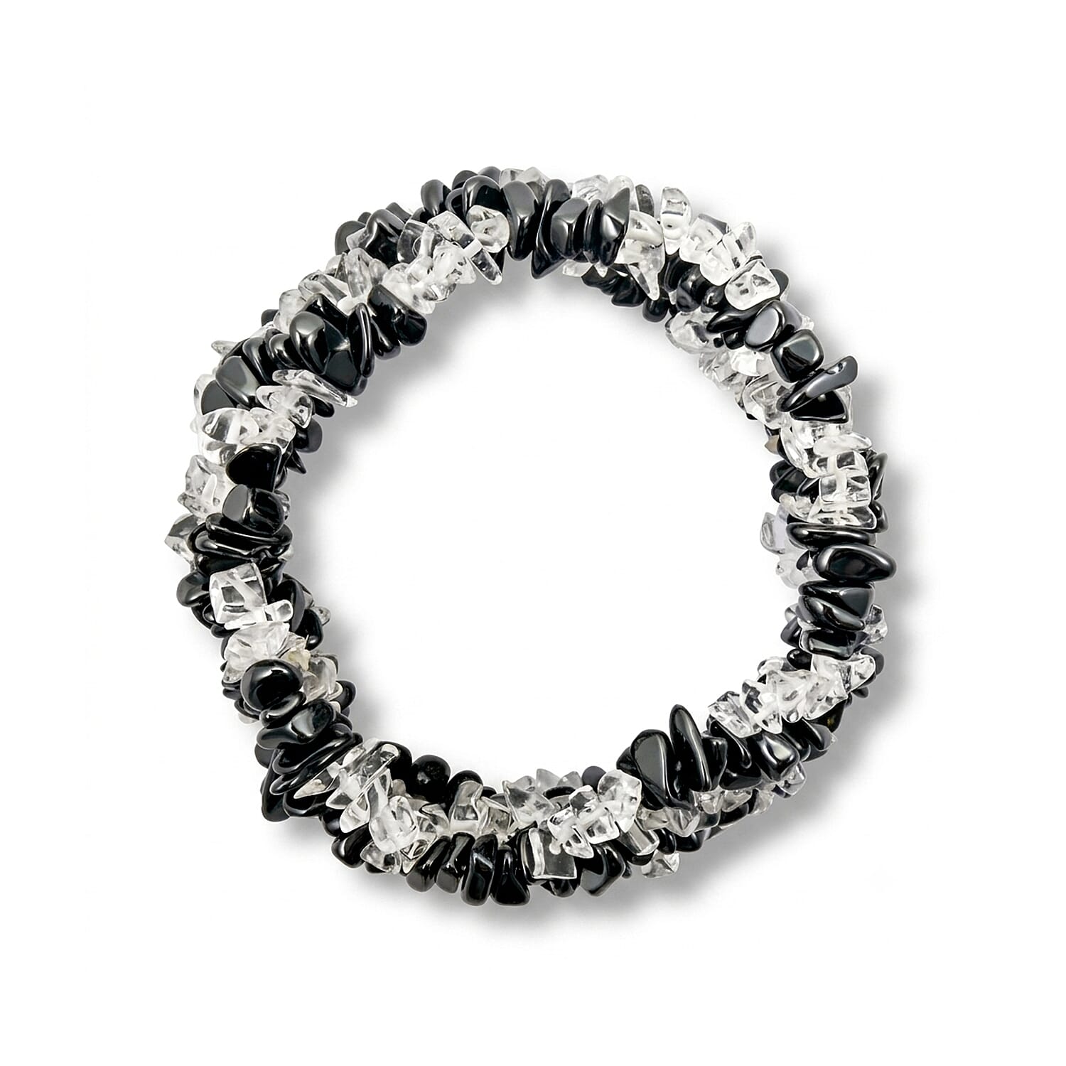 Black Agate and Clear Quartz 189.76 ctw Chips Stretch Bracelet (6.0-8.0In)