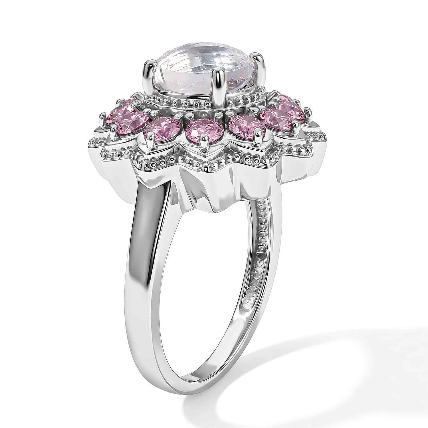 EverTrue Simulated White and Orchid Diamond Ring in Stainless Steel (Size 5.0)