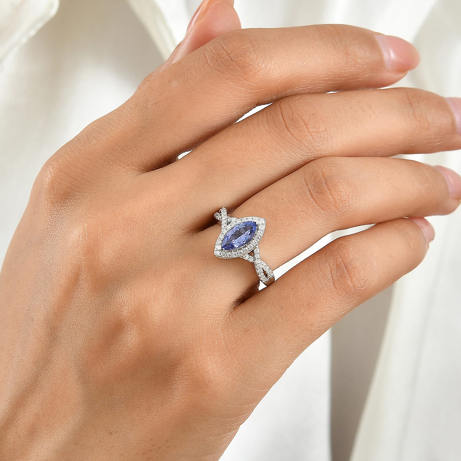 D'Joy Tanzanite and Moissanite 1.40 ctw Ring in Rhodium Over Sterling Silver (Size 6.0)