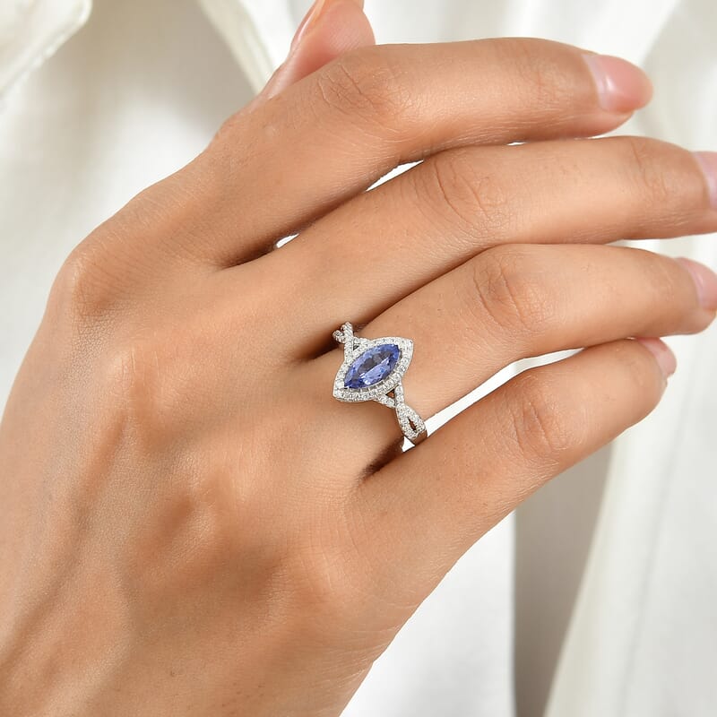 D'Joy Tanzanite and Moissanite 1.40 ctw Ring in Rhodium Over Sterling Silver (Size 6.0)
